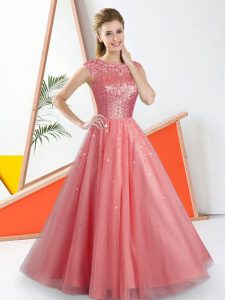 Designer Watermelon Red A-line Bateau Sleeveless Tulle Floor Length Backless Beading and Lace Dama Dress