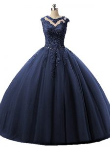 Hot Sale Sleeveless Floor Length Beading and Lace Lace Up 15 Quinceanera Dress with Navy Blue