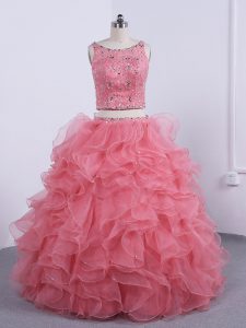 Sleeveless Floor Length Beading and Ruffles Zipper Quinceanera Gowns with Watermelon Red