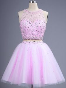 Fantastic Lilac Tulle Lace Up Scoop Sleeveless Knee Length Dama Dress Beading