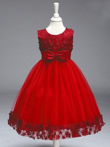 Wine Red Sleeveless Knee Length Lace and Bowknot Zipper Kids Formal Wear
