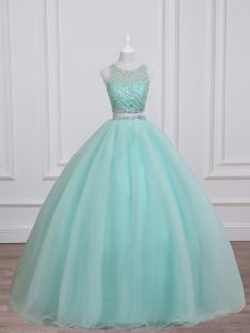 Sexy Sleeveless Organza and Taffeta Floor Length Lace Up Quince Ball Gowns in Aqua Blue with Beading