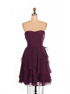 Burgundy Chiffon Zipper Quinceanera Dama Dress Sleeveless Mini Length Ruffled Layers