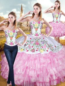 Glamorous Rose Pink Three Pieces Sweetheart Sleeveless Organza and Taffeta Floor Length Lace Up Embroidery and Ruffled Layers Quinceanera Dress