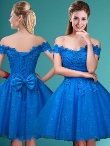Fantastic Knee Length A-line Sleeveless Blue Court Dresses for Sweet 16 Lace Up