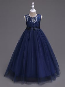 Sleeveless Tulle Floor Length Zipper Pageant Dress for Teens in Navy Blue with Lace