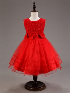 Ruffled Layers and Hand Made Flower Winning Pageant Gowns Red Zipper Sleeveless Knee Length