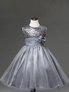 Modern Scoop Sleeveless Zipper Pageant Dress Womens Silver Tulle