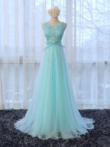 Sleeveless Lace and Bowknot Zipper Court Dresses for Sweet 16 with Apple Green Brush Train