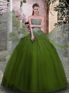 Fancy Olive Green Tulle Lace Up Vestidos de Quinceanera Sleeveless Floor Length Beading