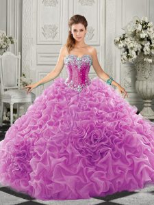Elegant Lilac Organza Lace Up Sweetheart Sleeveless Quinceanera Gowns Court Train Beading and Ruffles