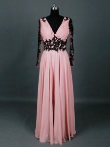 Shining V-neck Long Sleeves Mother of Groom Dress Floor Length Lace and Appliques Pink Chiffon