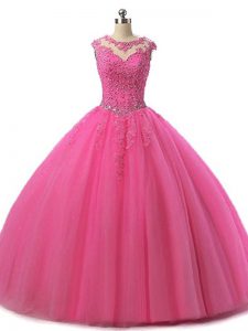 Hot Pink Scoop Lace Up Beading and Lace Sweet 16 Dress Sleeveless