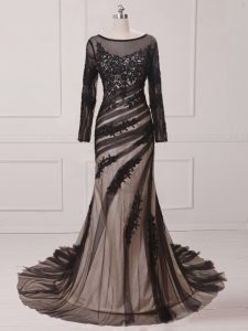Decent Long Sleeves Lace and Appliques Zipper Mother Of The Bride Dress with Black Brush Train