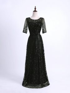 Captivating Floor Length Black Mother Of The Bride Dress Scoop Half Sleeves Lace Up