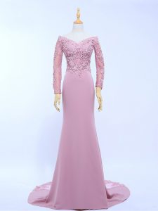 Fashionable Long Sleeves Brush Train Zipper Lace and Appliques Mother of the Bride Dress