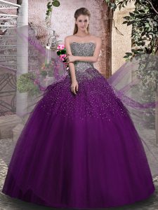 Vintage Beading Quinceanera Gowns Purple Lace Up Sleeveless Floor Length
