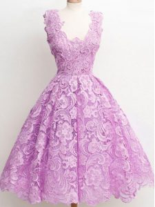 Customized Lilac Sleeveless Lace Zipper Quinceanera Court Dresses for Prom and Party and Wedding Party