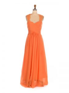 Floor Length Orange Red Dama Dress for Quinceanera Chiffon Sleeveless Lace