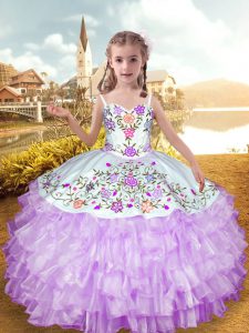 Floor Length Lace Up Custom Made Pageant Dress Lilac for Party and Wedding Party with Embroidery and Ruffled Layers
