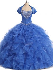 Luxury Strapless Sleeveless Lace Up Quinceanera Dress Blue Organza