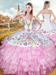 Rose Pink Ball Gowns Organza and Taffeta Sweetheart Sleeveless Embroidery and Ruffled Layers Floor Length Lace Up Quince Ball Gowns