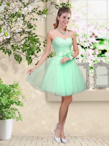 Sweetheart Sleeveless Court Dresses for Sweet 16 Knee Length Lace and Belt Apple Green Tulle