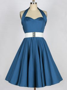 High Quality Teal A-line Taffeta Halter Top Sleeveless Belt Knee Length Lace Up Quinceanera Court Dresses