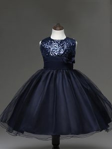 Excellent Scoop Sleeveless Zipper Custom Made Pageant Dress Navy Blue Tulle