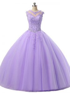 Beautiful Lavender Scoop Neckline Beading and Lace Quinceanera Gown Sleeveless Lace Up