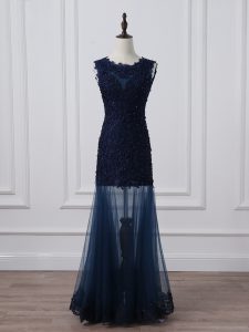 Artistic Navy Blue Lace Up Scoop Lace and Appliques Mother of Groom Dress Tulle Sleeveless