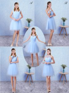 Blue Tulle Lace Up Quinceanera Dama Dress Sleeveless Knee Length Ruching
