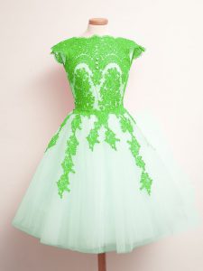 Best Multi-color A-line Tulle Scalloped Sleeveless Appliques Mini Length Lace Up Vestidos de Damas