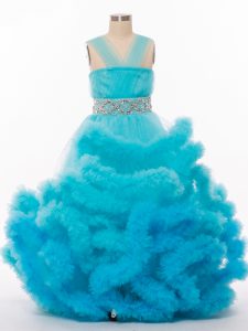 Glorious Tulle Sleeveless Floor Length Girls Pageant Dresses and Beading and Hand Made Flower