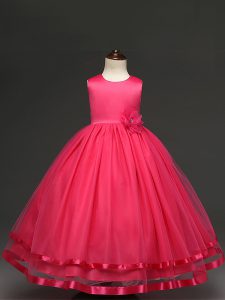 Nice Tulle Scoop Sleeveless Zipper Hand Made Flower Little Girl Pageant Dress in Hot Pink