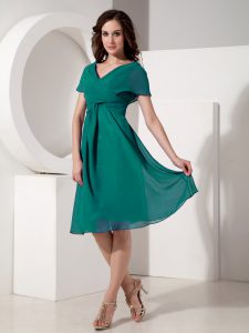 V-neck Short Sleeves Zipper Mother Of The Bride Dress Turquoise Chiffon