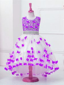Lovely White Scoop Zipper Appliques and Sequins Pageant Gowns For Girls Sleeveless