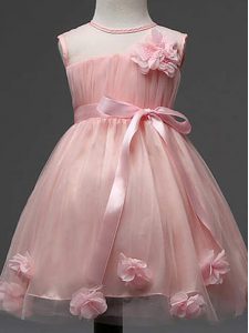 Classical Knee Length Zipper Pageant Dress Toddler Pink for Wedding Party with Hand Made Flower