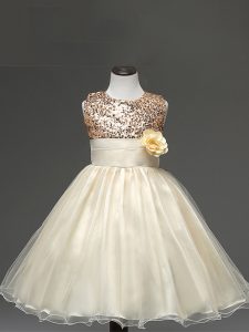 Champagne Zipper Scoop Sequins and Hand Made Flower Little Girls Pageant Gowns Tulle Sleeveless