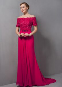 Hot Pink Short Sleeves Chiffon Sweep Train Zipper Mother Of The Bride Dress for Prom and Party