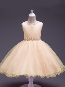 Sleeveless Organza Knee Length Zipper Little Girls Pageant Gowns in Peach with Beading