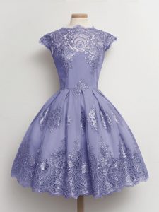 Lavender Cap Sleeves Lace Knee Length Vestidos de Damas