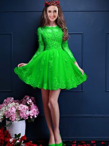 Chiffon Scalloped 3 4 Length Sleeve Lace Up Beading and Lace and Appliques Quinceanera Court Dresses in
