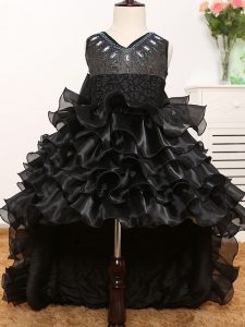 Amazing Black V-neck Zipper Beading and Ruffles and Bowknot Girls Pageant Dresses Sleeveless
