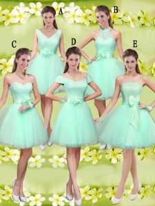 Edgy Apple Green V-neck Neckline Lace and Belt Dama Dress for Quinceanera Sleeveless Lace Up