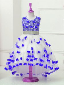High Low Blue And White Pageant Dress Womens Tulle Sleeveless Appliques and Sequins