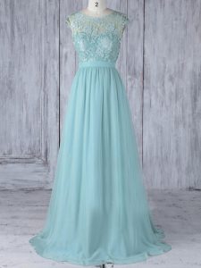 Backless Dama Dress Aqua Blue for Prom and Party and Wedding Party with Lace Sweep Train