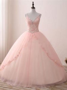 Pink Ball Gowns V-neck Sleeveless Tulle Floor Length Lace Up Beading and Appliques Quinceanera Gowns