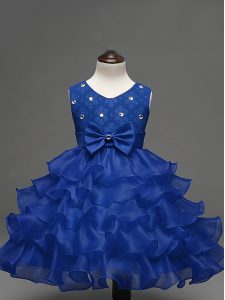 Hot Sale Scoop Sleeveless Winning Pageant Gowns Knee Length Lace and Ruffled Layers and Bowknot Royal Blue Organza