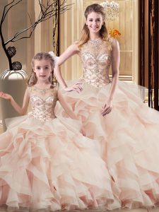 High Class Brush Train Ball Gowns Quinceanera Dresses Peach Scoop Tulle Sleeveless Lace Up